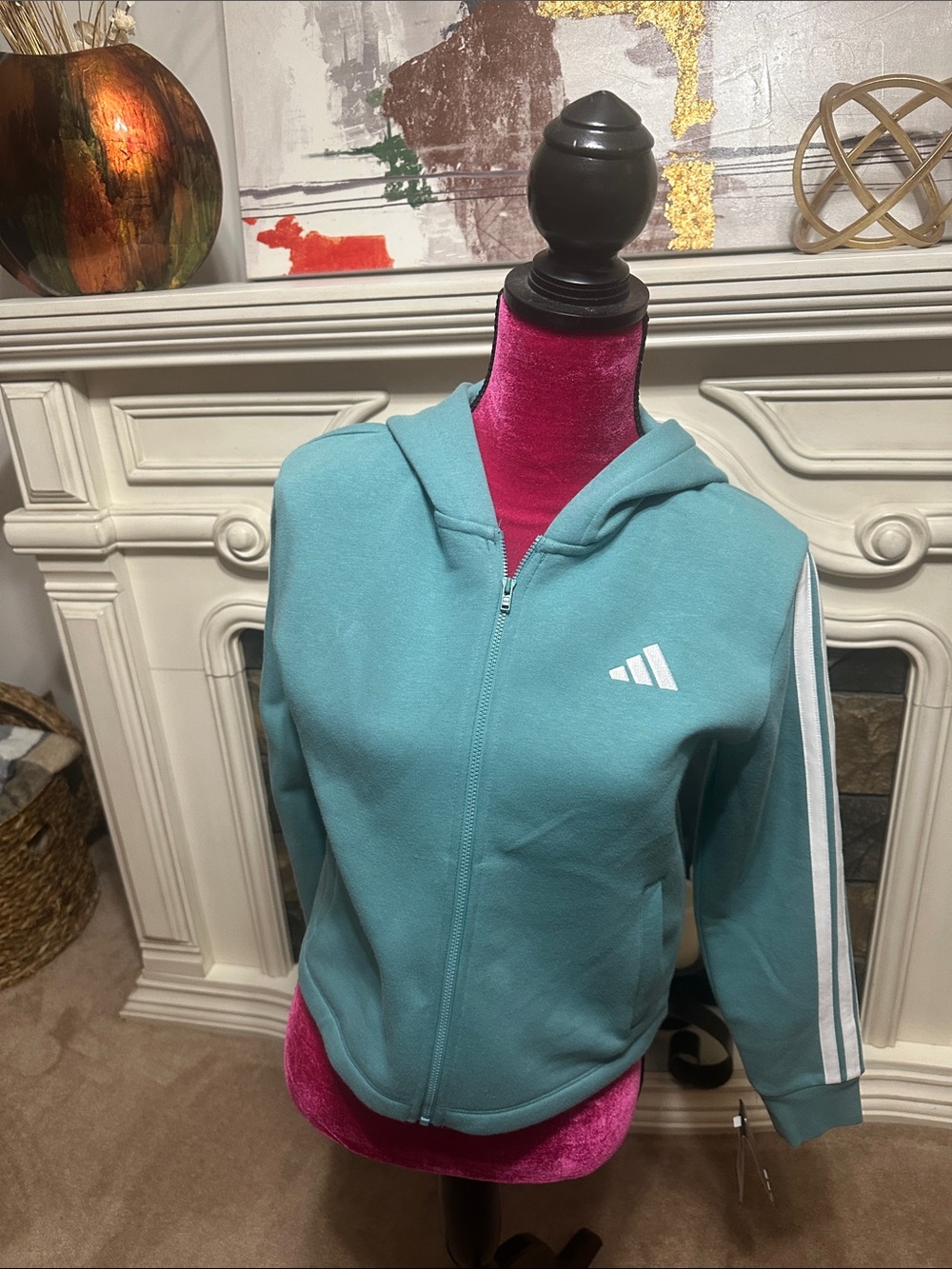 adidas Teal Zip-Up Hoodie with White Stripes